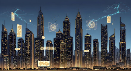 City Skyline at Night with Digital Overlays and Lightning