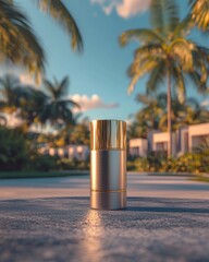 Silver and gold cylinder product on a paved path, tropical setting