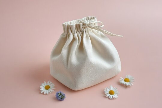 Off-white drawstring bag on pink background with flowers