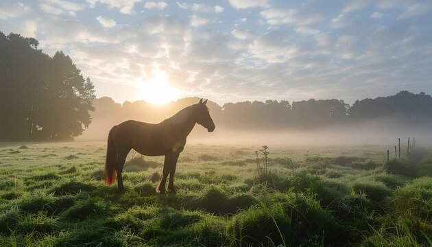 A horse standing in a misty meadow at sunrise, ultra realistic, high-resolution photography