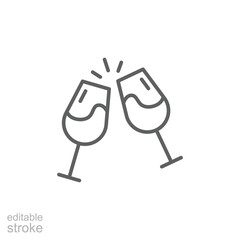 Glass cheers icon. Simple outline style. Toast, drink, party, friends, bottle, two, fun, champagne, celebrations and social events concept. Thin line symbol. Isolated design editable stroke.