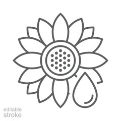 Sunflower oil icon. Simple outline style. Chamomile, seed, flower, blossom, leaf, contour, spring, sun, floral, garden, green, nature concept. Thin line symbol. Isolated design editable stroke.
