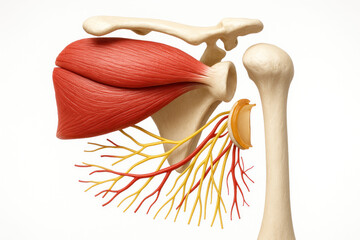 Human shoulder joint anatomy with bones, muscle, nerves, and arteries, detailed medical illustration.