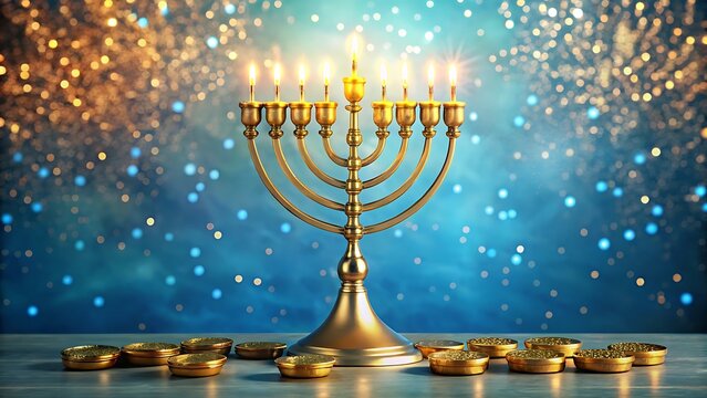 Golden menorah with lit candles and chocolate coins for hanukkah celebration