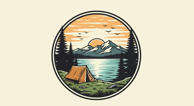 Vintage style camping emblem with tent by a serene lake, majestic mountains, and pine trees under a warm sunset sky, perfect for outdoor adventure designs.