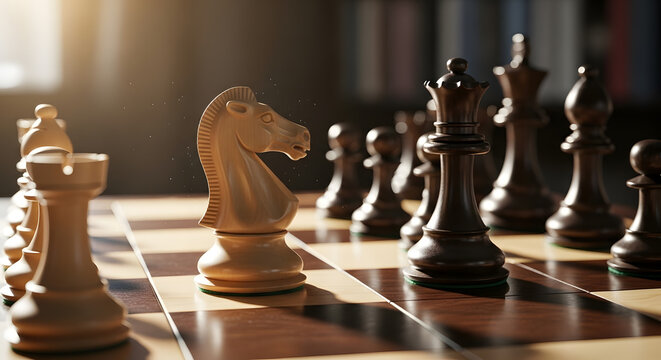 Ultra-realistic close-up of chess pieces under dramatic light, representing tactics and focus