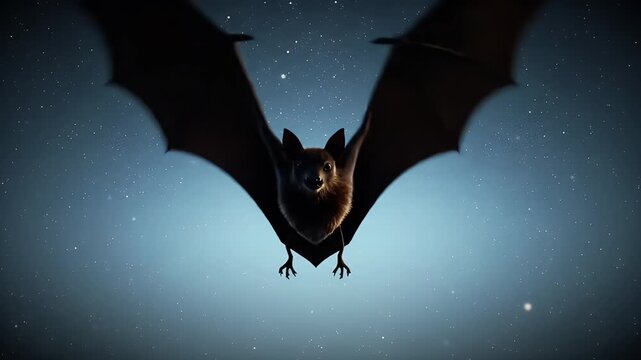 Low Angle View of a Bat Mid Flight With Pixelated Texture and a Starry Night Background
