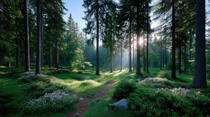 Obraz premium Sunlit Forest Scene with Golden Hour Light Shining Through Tall Trees and Lush Greenery on the Forest Floor Landscape