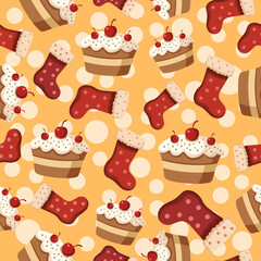 seamless pattern Festive holiday baking patterns featuring cupcakes and stockings whimsical design kitchen decor cheerful atmosphere