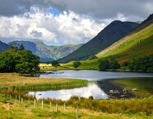 Serene Mountain Lake Scenery in a Sunny Day