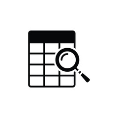 Data table search icon. Simple solid style. Magnifying glass over a data table, accounting, accountant, audit, analytics, assessment concept. Silhouette, glyph symbol. Isolated design.