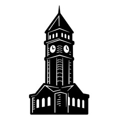 Naklejka premium Silhouette tall clock tower with pointed roof and multiple windows