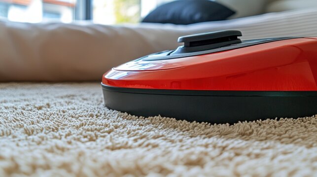 Robotic vacuum on shag rug next to bed - Powered by Adobe