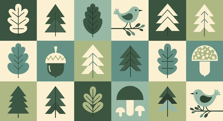 Scandinavian-style graphic pattern with simple, stylized icons of forest nature, including trees, leaves, mushrooms, and birds on a checkered background. © Sultan Desain