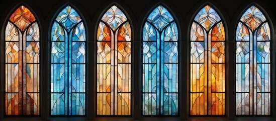 Obraz premium Stunning Array of Six Arched Stained Glass Church Windows with Unique Designs, Vibrant Colors, and Intricate Patterns
