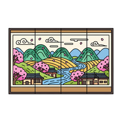 Obraz premium Vibrant, stylized depicting picturesque korean landscape with rolling hills, cherry blossom trees, traditional houses, and winding river under cloudy sky, presented as stainedglass window