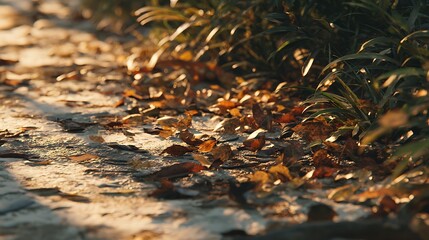 Autumn Leaves On a Sunny Path: Warm Golden Hour Lighting Among Grass and Ground Cover
