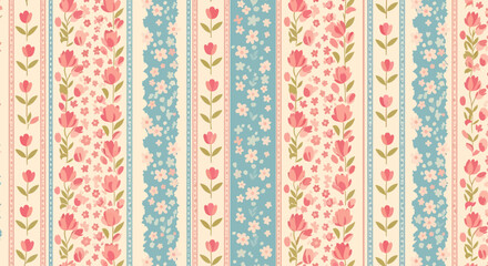 A vintage floral wallpaper pattern featuring vertical stripes of pink tulips and small white flowers on a cream background with blue accents.