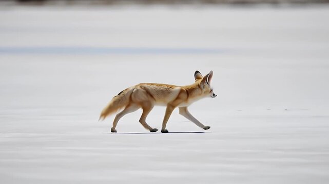Small Fennec Fox Walking on White Sandy Ground in Desert Wildlife Sanctuary