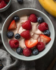 Obraz premium yogurt with fruit, yogurt bowl, fruit and yogurt, creamy yogurt bowl, yogurt and berries, yogurt snack, yogurt dessert, yogurt breakfast, yogurt cup, yogurt glass, yogurt and banana, yogurt and strawb