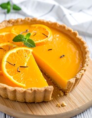 Orange tart sliced on wooden board