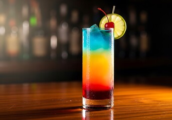 Refreshing rainbow cocktail with cherry and lime garnish presented on a bar top ambiance