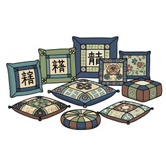 Collection decorative cushions and pillows with traditional asian motifs and calligraphy, arranged on