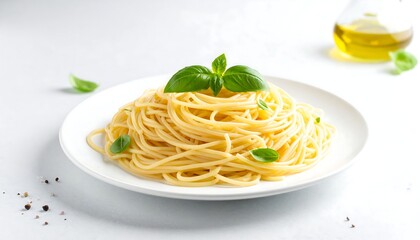 Cooked spaghetti on a white plate with basil