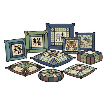 Collection decorative cushions and pillows with traditional asian motifs and calligraphy, arranged on