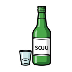 Green bottle soju with shot glass