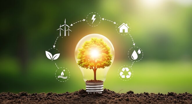 Tree growing in light bulb with alternative energy icons on green background - Powered by Adobe