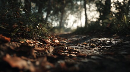 Autumn Forest Path With Fallen Leaves: Low Angle Ground-Level Shot Showing Quiet, Golden Light