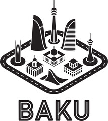 Baku isometric skyline: iconic buildings and landmarks cityscape (Version 2)