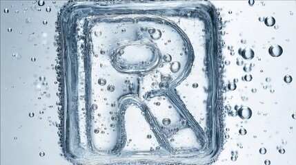 A close-up of a transparent, water-filled letter 'R' surrounded by bubbles, creating a refreshing and dynamic visual effect.