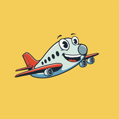 Smiling light blue cartoon airplane with red wings and cheerful face flying in a yellow sky.