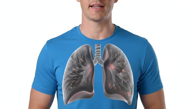 Man with digital overlay showing unhealthy lungs, illustrating the effects of smoking or lung disease.