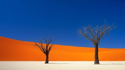 Surreal Desert Landscape with Two Leafless Trees and a Vibrant Blue Sky