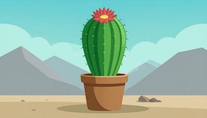 Cartoon cactus in a pot, desert landscape