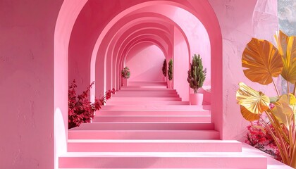 Pink archway walkway with plants