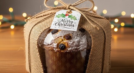 Christmas panettone gift wrapped in rustic burlap with tag reading Merry Christmas and festive lights.
