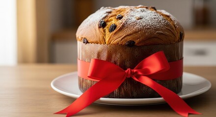 Delicious panettone with powdered sugar and red ribbon on plate, festive holiday dessert.