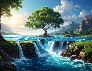 Serene Island Waterfall Landscape