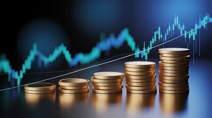 Financial growth illustrated with gold coins and stock market trend chart representing increasing investment