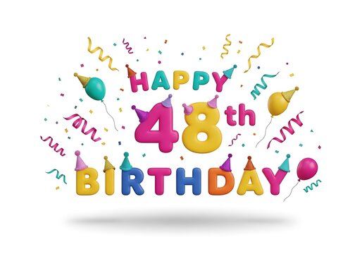 Happy 48th Birthday cheerful 3D text surrounded by balloons, party hats, and falling confetti on an isolated white background, perfect for greetings.