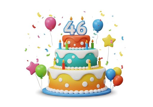A vibrant three-tiered birthday cake topped with the number 46 and candles, surrounded by balloons and confetti on a white background, 3D render.