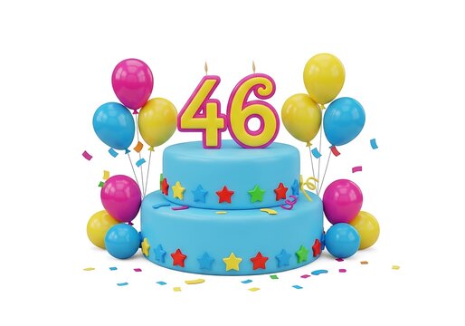 A festive two-tiered blue birthday cake adorned with colorful stars and candles, featuring the number 46, surrounded by balloons and confetti, 3D render.