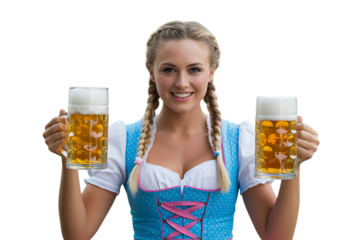 Smiling woman in bavarian dress holding two full beer steins ready for oktoberfest celebration isolated on transparent background