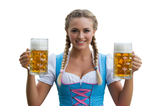 Smiling woman in bavarian dress holding two full beer steins ready for oktoberfest celebration isolated on transparent background