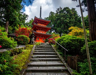 Fototapeta premium Vibrant Red Pagoda Ascends Stone Steps Amidst Lush Japanese Garden Foliage