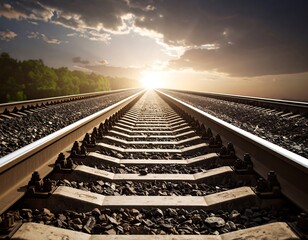 Railroad tracks leading to a bright sunset